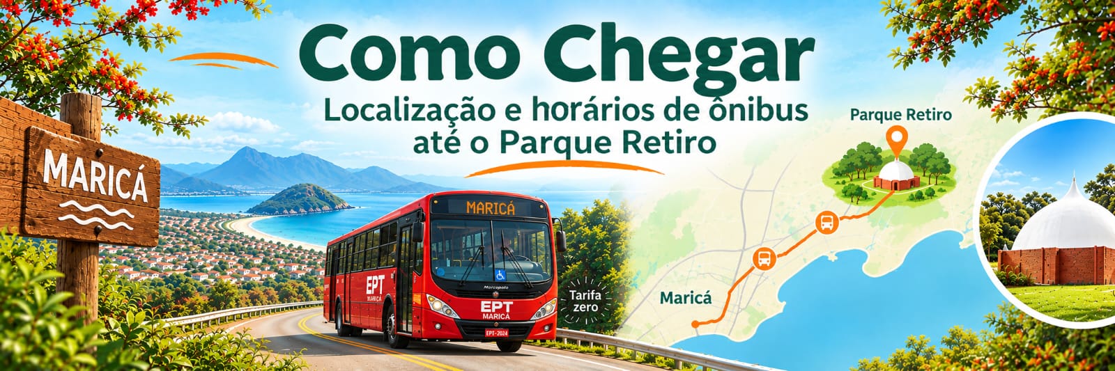 Ônibus da EPT Maricá na estrada e mapa do trajeto até o Parque Retiro, sobre o texto Como Chegar — Localização e horários de ônibus até o Parque Retiro.